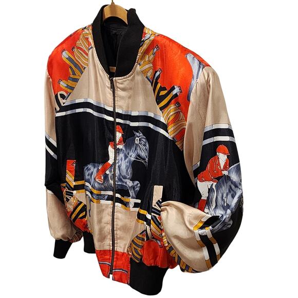 Vintage 80s Silk Equestrian Horse Racing Bomber Jacket M Jockey Kentucky Derby - Picture 2 of 7